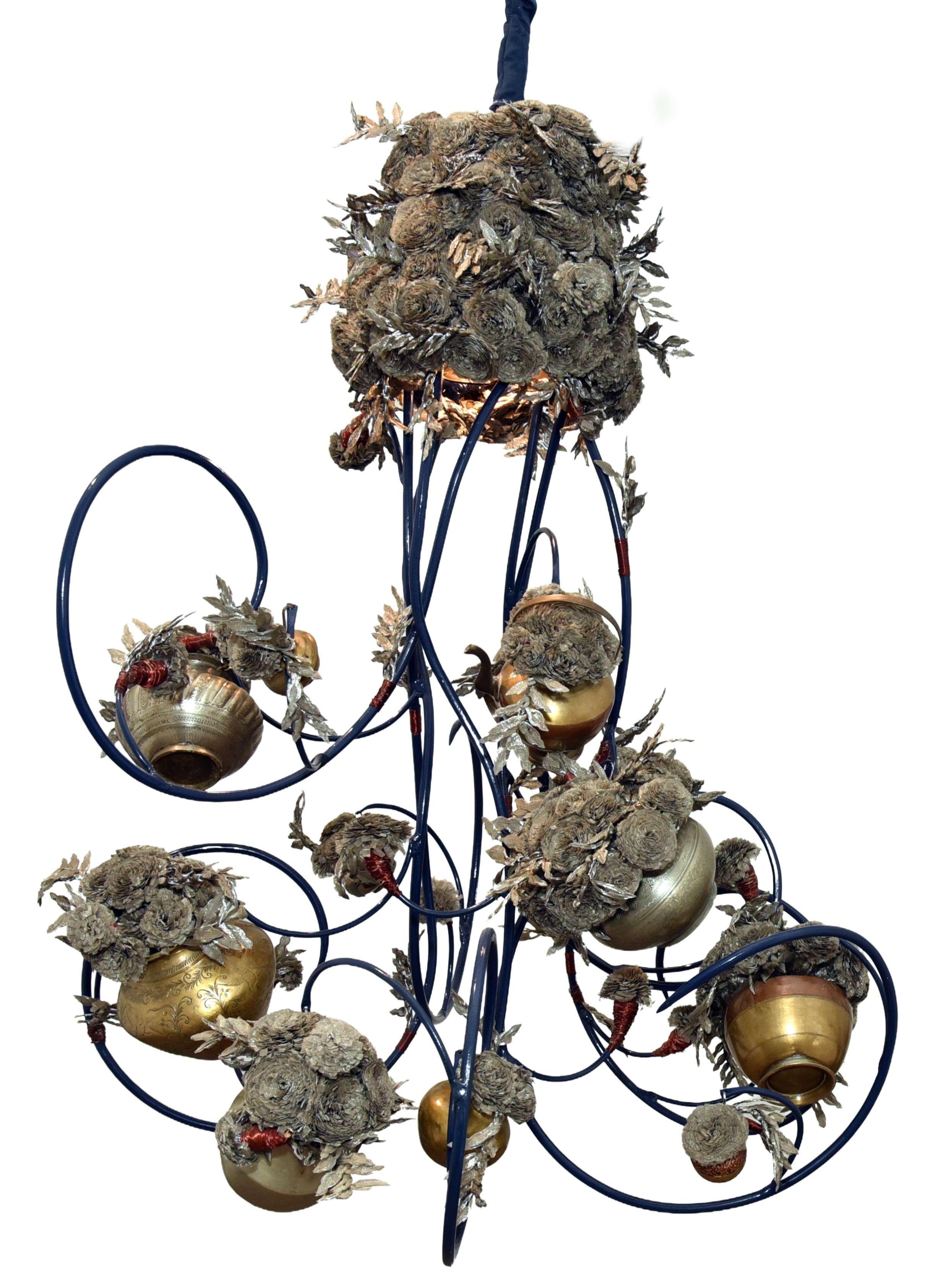 Wolf (Ritu & Surya)  | 42x36 Inches | Scrap stainless steel from a metal mesh factory, discarded lotas, brass wires, painted iron structure, and adhesive